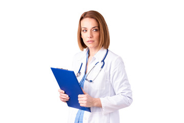 Portrait of middle aged female doctor standing at isolated white background