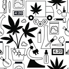 Vector marijuana cartoon seamless pattern. Smoking weed doodle seamless pattern.