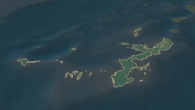 Okinawa, prefecture with its capital, zoomed and extruded on the relief map of Japan in the conformal Stereographic projection. Animation 3D