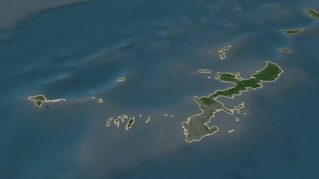 Okinawa, prefecture with its capital, zoomed and extruded on the satellite map of Japan in the conformal Stereographic projection. Animation 3D