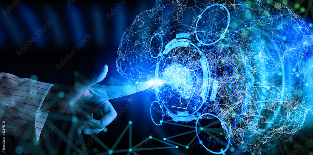 Poster Concept of Artificial intelligence (AI) with machine deep learning and data mining and another modern computer technologies UI by hand touching AR interface.