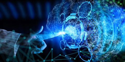 Concept of Artificial intelligence (AI) with machine deep learning and data mining and another modern computer technologies UI by hand touching AR interface.