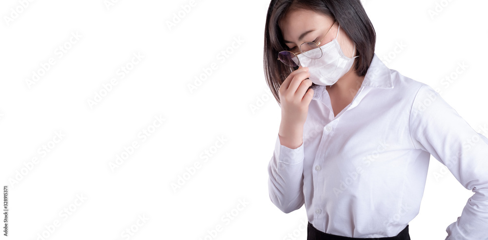 Wall mural close up of a businesswoman wearing protective face mask and cough, get ready for corona virus and p