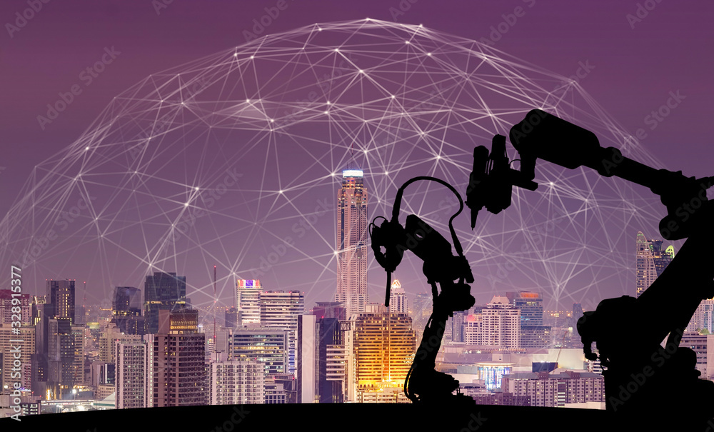 Poster Silhouette of modern automation robot arms with Ai assistant technology network concept and metropolis city building background.