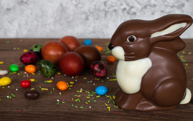 chocolate easter bunny on wooden background