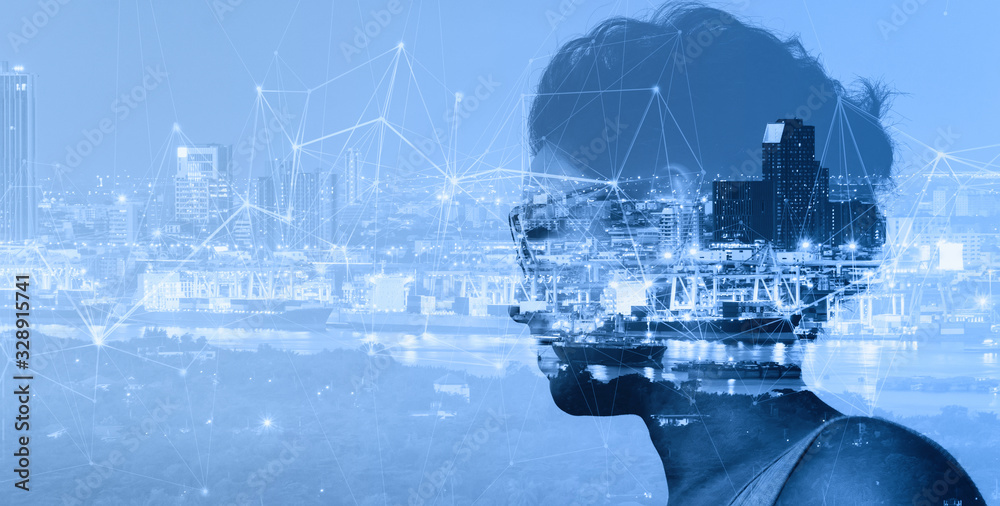 Poster double exposure of smart entrepreneur woman looking at global business connection technology interfa