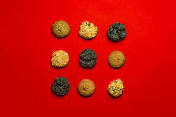 package set of various oat cookies flat lay isolated on the colorful background