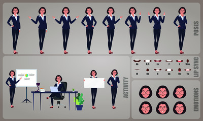 Business woman or office worker character Set. Collection of character body Poses, facial gestures, Business activities and Lip syncs poses. Ready-to-use and animate, character set. Vector.