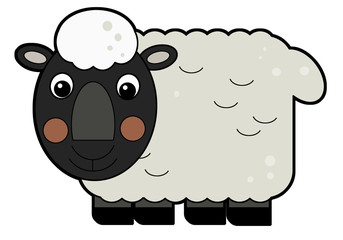 Cartoon happy farm animal cheerful sheep isolated on white background with sketch illustration