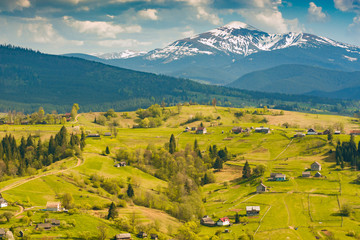 Carpathian village on a spring rolling hills in a mountain valley