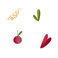 Hand lettering delicious, cherry with leaf and hearts textured cute digital art. Print for cards, banners, posters, web, invitations, stickers, fabrics, wrapping paper, menu.