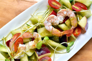 Spicy fresh apple fruit salad with shrimp, Healthy fat free diet food, Asian appetizer.
