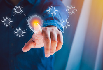 Coronavirus COVID-19 concept. Pressing Digital button virus protection.