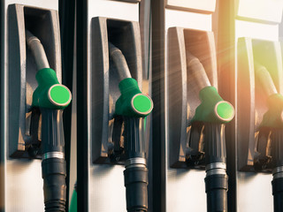 Several fuel dispensers in a gas station: fuel concept and fuel prices