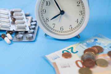 Euro banknotes and coins with a bunch of blister packs of medical capsules
