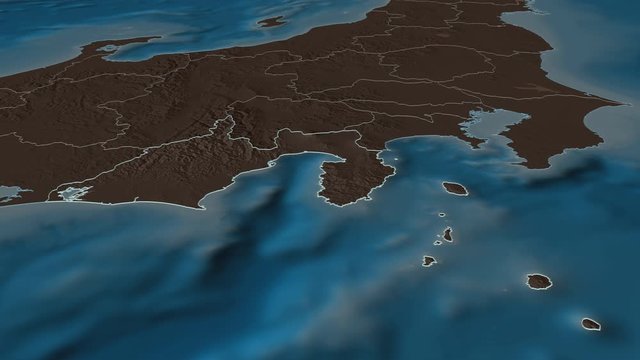 Shizuoka, prefecture with its capital, zoomed and extruded on the administrative map of Japan in the conformal Stereographic projection. Animation 3D