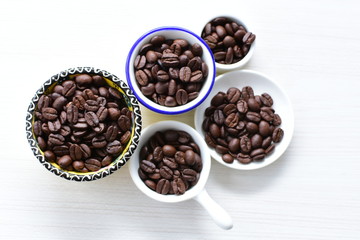 Colombian coffee beans, displayed in containers
