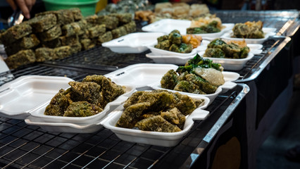 Fried chives dumplings in Foam dish, Thai street food, 