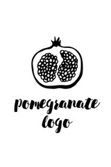 Pomegranate vector sketch logo. Hand drawn ink brush illustration isolated on white background. Fruit icon for logotype, infographic, website or app, package design.