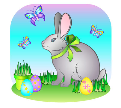 Adorable little rabbit in the meadow with butterflies and easter eggs. Easter bunny with a bow on his neck - vector holiday picture for cards or prints.