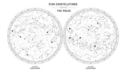 Star constellations around the poles. Nothern and Southern high detailed star map with symbols and signs of zodiac. Black astrological celestial map - obrazy, fototapety, plakaty