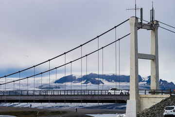 Beautiful cold landscape of Jokulsarlon glacier lagoon, Iceland, during the summer with the bridge as a background