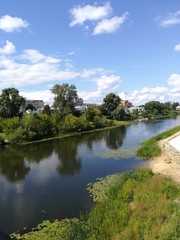 Fototapeta na wymiar river on a background of blue sky and green trees