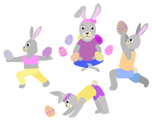Naklejka premium cute Easter bunnies doing yoga, vector illustration.