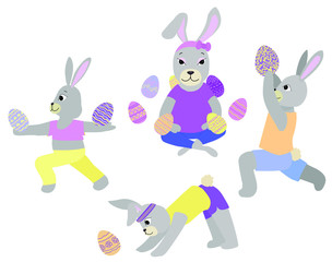 cute Easter bunnies doing yoga, vector illustration.