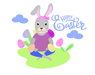 Vector happy Easter greeting card . Bunny sitting on the lawn