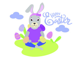 Vector happy Easter greeting card . Bunny sitting on the lawn