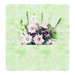 watercolor style illustration of pink flowers over green background