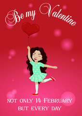 Be my Valentine card with little girl and balloon