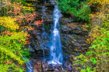 Impressionistic Style Artwork of an Autumn Waterfall