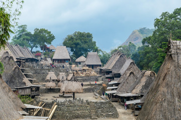 Inside view on the traditional Bena village in Bajawa, Flores, Indonesia. There are many small houses around, made of natural parts like wood and straw. History and tradition mingling with presence.