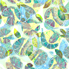 Seamless watercolor pattern of orange and lemon slices. Retro style, fading. Shabby paper.