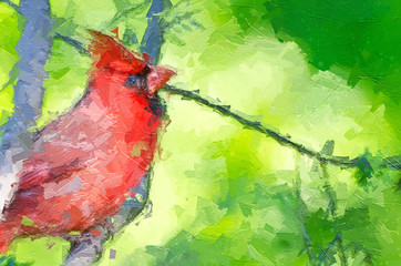 Impressionistic Style Artwork of a Northern Cardinal Perched in a Tree