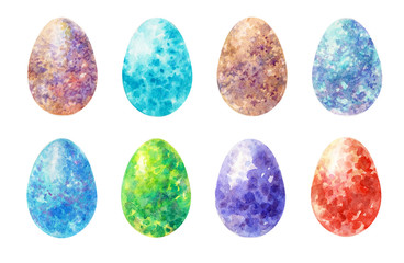 Happy Easter. Collection of colored eggs, easter eggs, watercolor painting. Set for greeting card design. Set of colored eggs on a white background. Easter egg coloring concept.