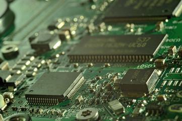 Microchips on a circuit board. Electrical, system.