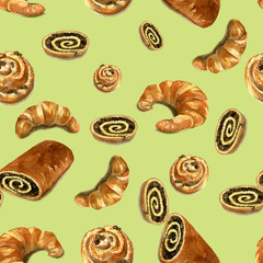 Watercolor seamless pattern. Baking: croissants, rolls rolls with poppy seeds on a beige background.