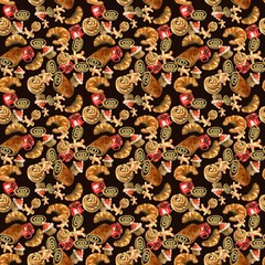 Watercolor seamless pattern consists of croissants, buns, roll with poppy seeds and New Year's muffins, little men cookies, and red tea mugs....
