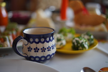 Easter table with traditional dishes and cakes