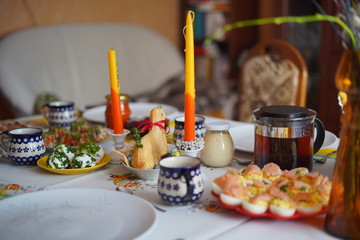 Easter table with traditional dishes and cakes