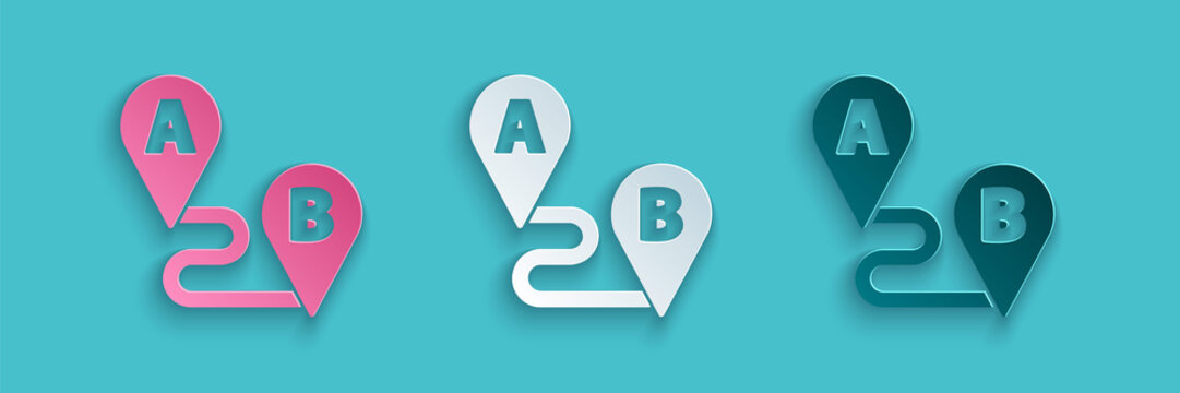 Paper cut Route location icon isolated on blue background. Map pointer sign. Concept of path or road. GPS navigator. Paper art style. Vector Illustration