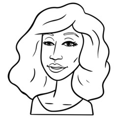 monochrome illustration of a long haired woman with curly hair. avatar, comic, head.