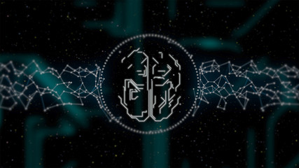 Artificial intelligence concept. Digital brain in circuit board design glowing over matrix background.