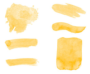 Beautiful set of 6 yellow watercolor isolated brush. Abstract set of brush for painting