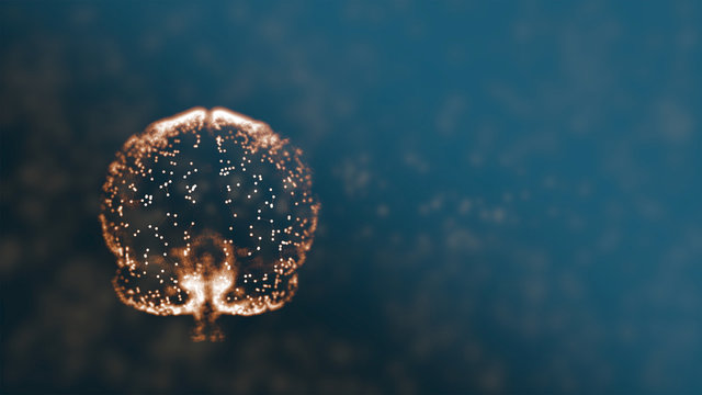 3d render abstract brain model half ruined by infection, losing some parts over dark background.