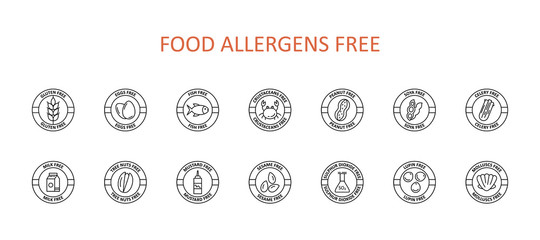 14 free food allergens icon. Vector set of 14 icons with editable stroke. Collection includes gluten, fish, egg, crustacean, peanut, lupin, soya, milk, trees nuts, mustard, sesame, sulphur dioxide.