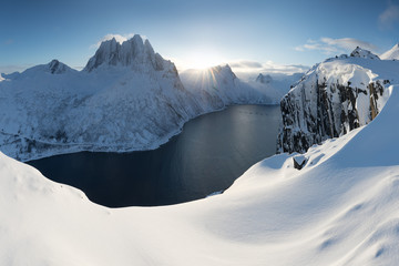 Panorama of snowy fjords and mountain range, Senja, Norway Amazing Norway nature seascape popular...